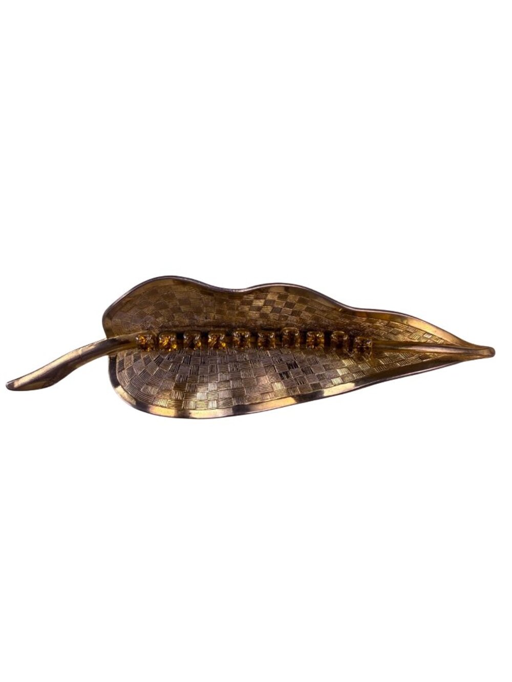 Vintage Gold-Tone Womens Leaf Brooch W/Yellow Rhinestones & Woven Textured